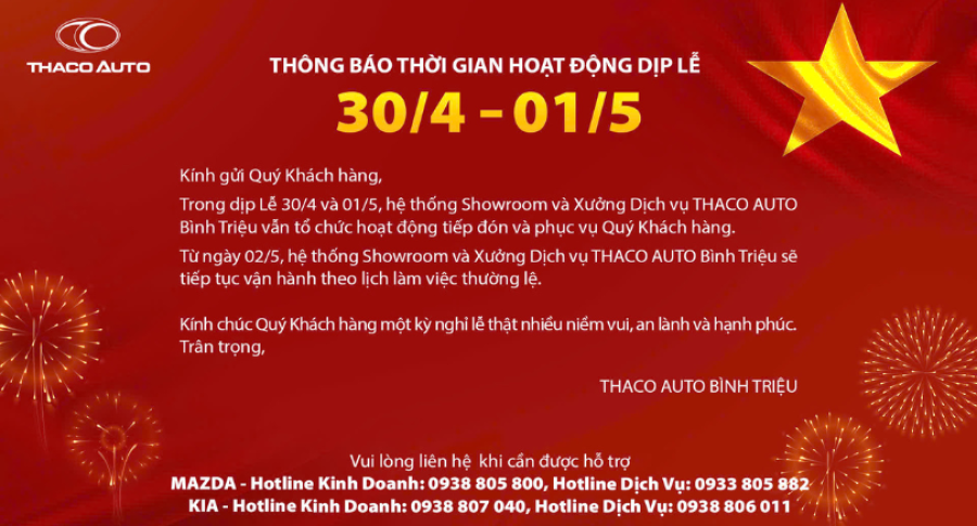 THÔNG BÁO THỜI GIAN HOẠT ĐỘNG DỊP LỄ 30.4 - 1.5
