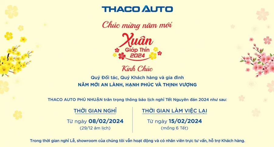 THACO AUTO PHÚ NHUẬN THÔNG BÁO LỊCH NGHỈ TẾT NGUYÊN ĐÁN 2024