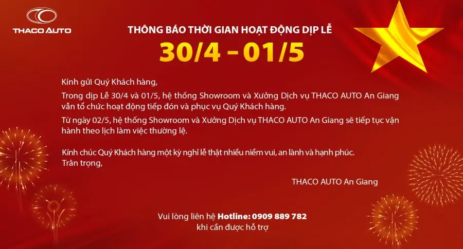 THÔNG BÁO THỜI GIAN HOẠT ĐỘNG DỊP LỄ 30/4 - 01/5