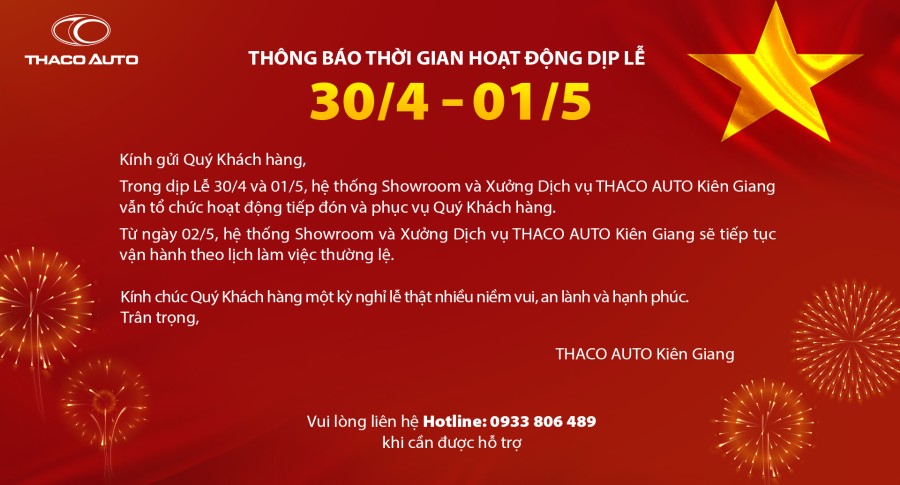 THÔNG BÁO THỜI GIAN HOẠT ĐỘNG DỊP LỄ 30/4 - 01/5
