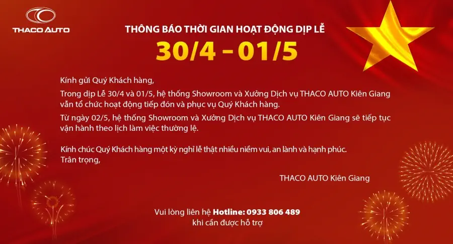 THÔNG BÁO THỜI GIAN HOẠT ĐỘNG DỊP LỄ 30/4 - 01/5