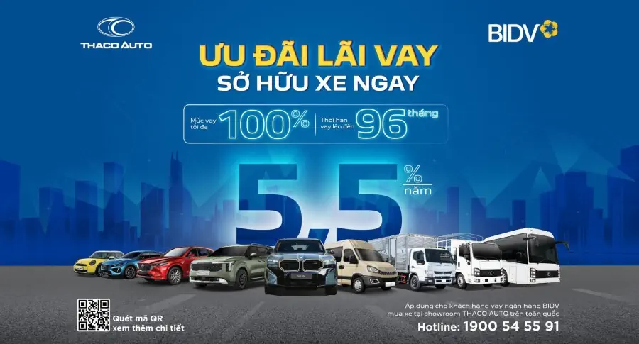 THACO AUTO hợp tác BIDV triển khai gói vay mua xe ưu đãi đến 100% giá trị xe, lãi suất chỉ từ 5,5%/năm