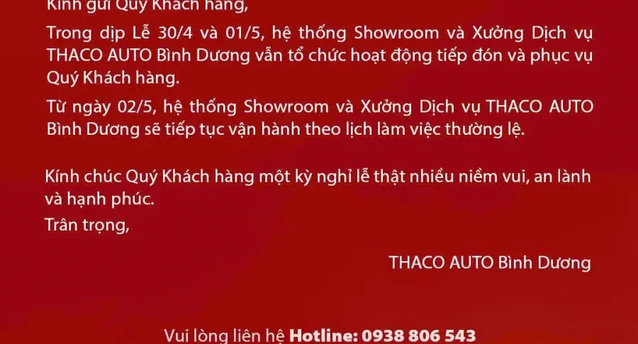 THÔNG BÁO HOẠT ĐỘNG DỊP LỄ 30/4 & 01/5