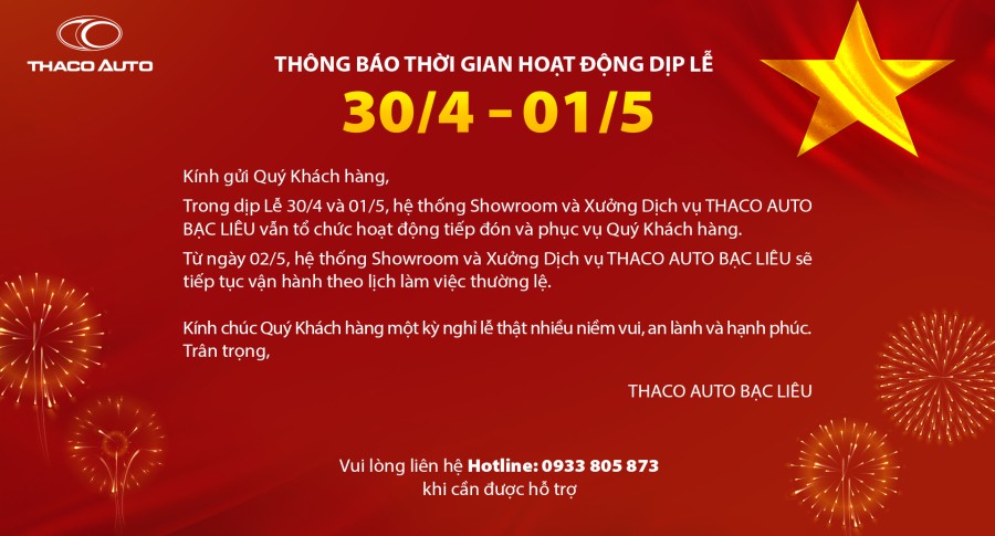 THÔNG BÁO THỜI GIAN HOẠT ĐỘNG DỊP LỄ 30/4 - 01/5