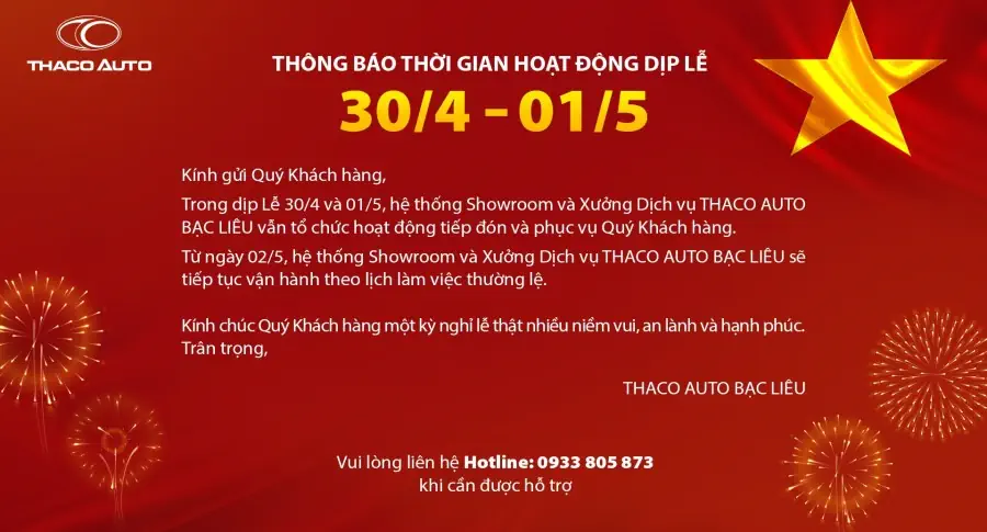 THÔNG BÁO THỜI GIAN HOẠT ĐỘNG DỊP LỄ 30/4 - 01/5
