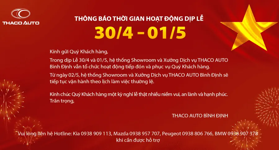 THACO AUTO Bình Định - Thông báo thời gian hoạt động dịp lễ 30/4 – 01/5
