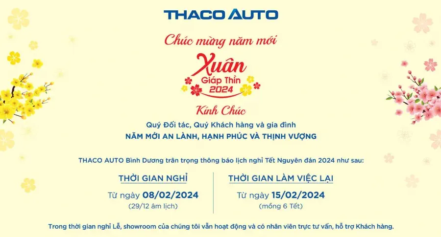 THACO AUTO BÌNH DƯƠNG THÔNG BÁO LỊCH TRỰC TẾT NGUYÊN ĐÁN 2024