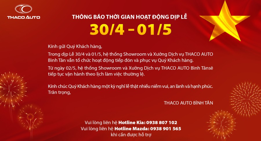THÔNG BÁO THỜI GIAN HOẠT ĐỘNG DỊP LỄ 30.4 - 1.5