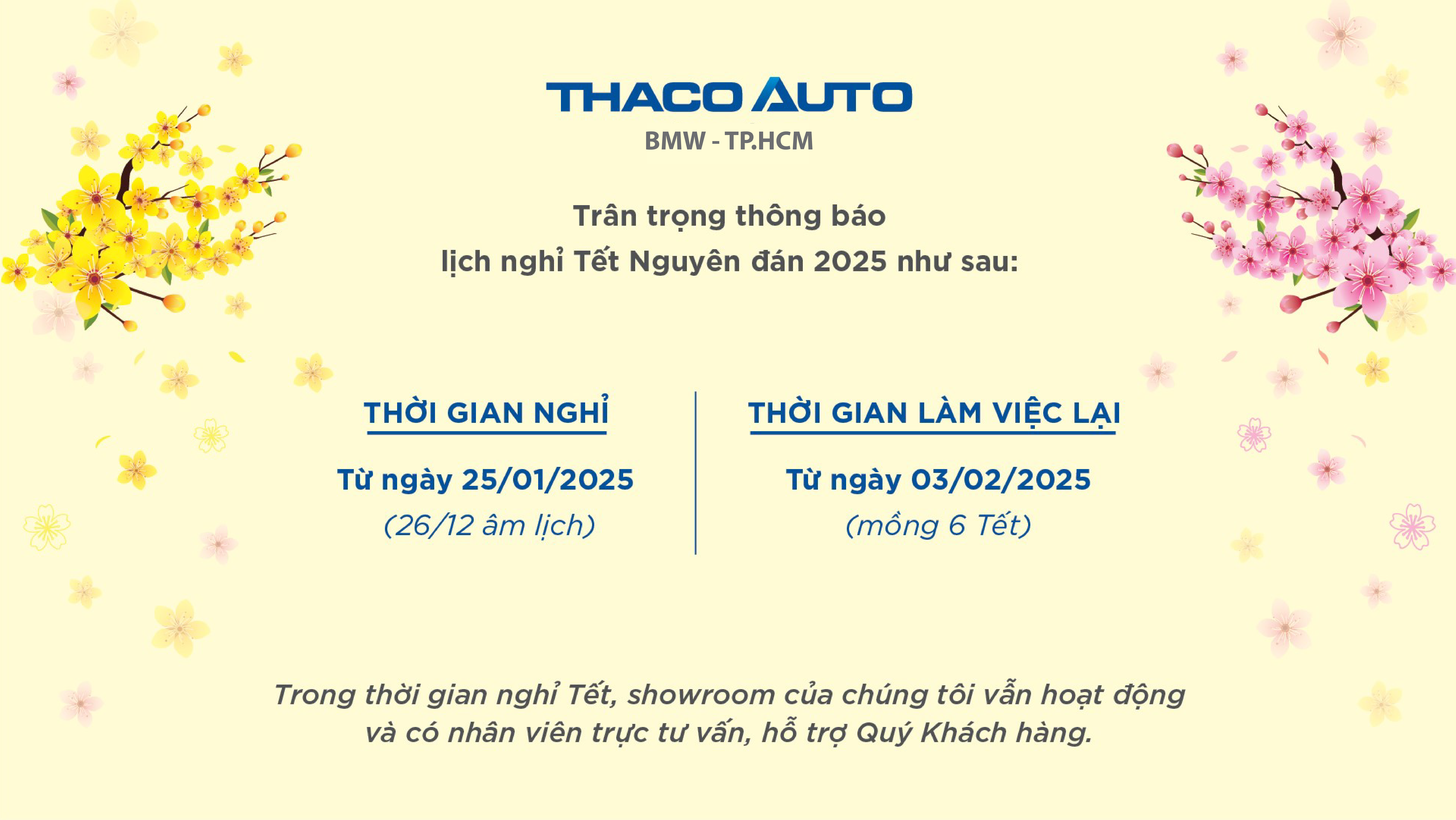 THÔNG BÁO LỊCH LÀM VIỆC TẠI THACO AUTO BMW - TP.HCM DỊP XUÂN ẤT TỴ 2025