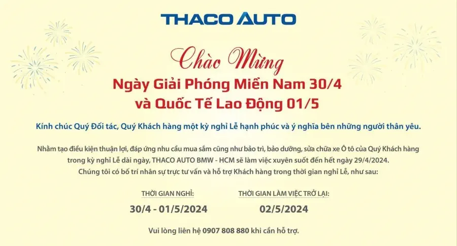 THACO AUTO BMW - HCM THÔNG BÁO LỊCH HOẠT ĐỘNG TRONG DỊP LỄ 30/04 - 01/05