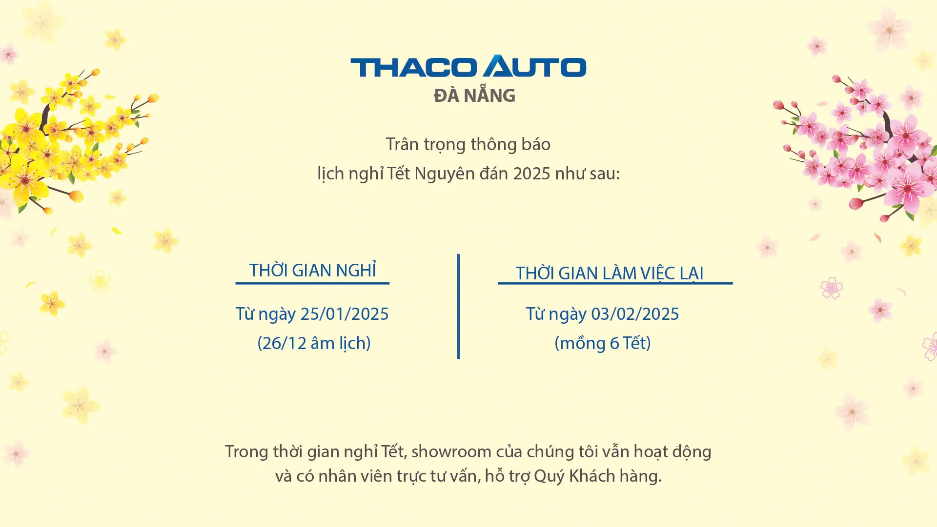 Thông báo lịch nghỉ Tết Nguyên Đán THACO AUTO Đà Nẵng