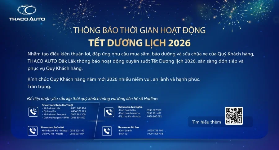 THACO AUTO Đắk Lắk thông báo thời gian hoạt động Tết dương lịch 2026
