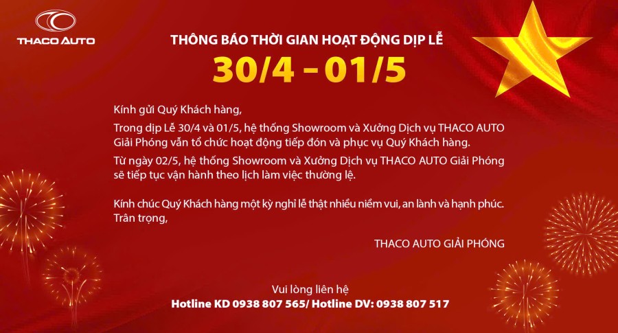 Thông báo lịch trực lễ 30/04-01/05 Thaco Auto Giải Phóng