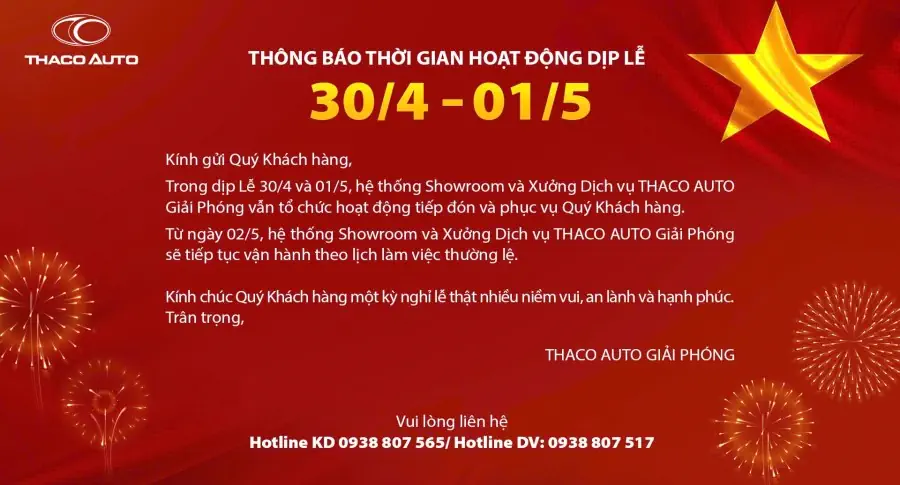 Thông báo lịch trực lễ 30/04-01/05 Thaco Auto Giải Phóng
