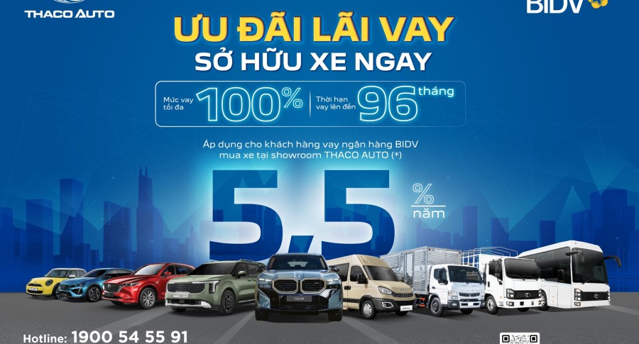 THACO AUTO HỢP TÁC BIDV TRIỂN KHAI GÓI VAY MUA XE ƯU ĐÃI ĐẾN 100% GIÁ TRỊ XE, LÃI SUẤT CHỈ TỪ 5.5%/NĂM