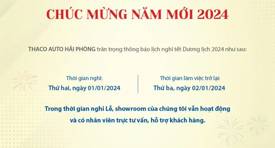 THACO AUTO HẢI PHÒNG THÔNG BÁO LỊCH TRỰC TẾT DƯƠNG LỊCH 2024
