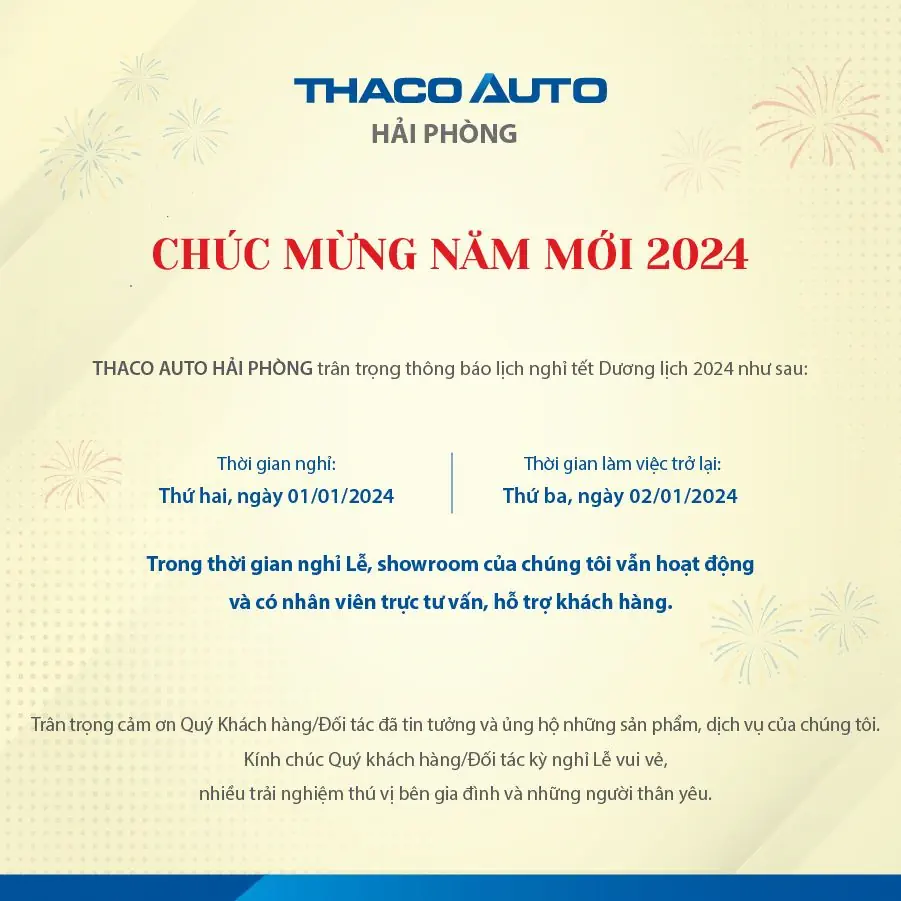 THACO AUTO HẢI PHÒNG THÔNG BÁO LỊCH TRỰC TẾT DƯƠNG LỊCH 2024