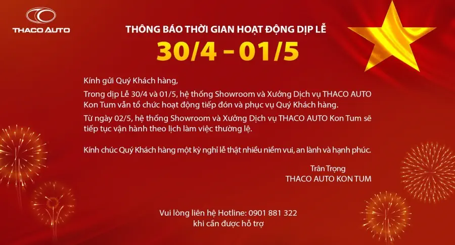 THÔNG BÁO THỜI GIAN HOẠT ĐỘNG DỊP LỄ 30/4 - 01/5​