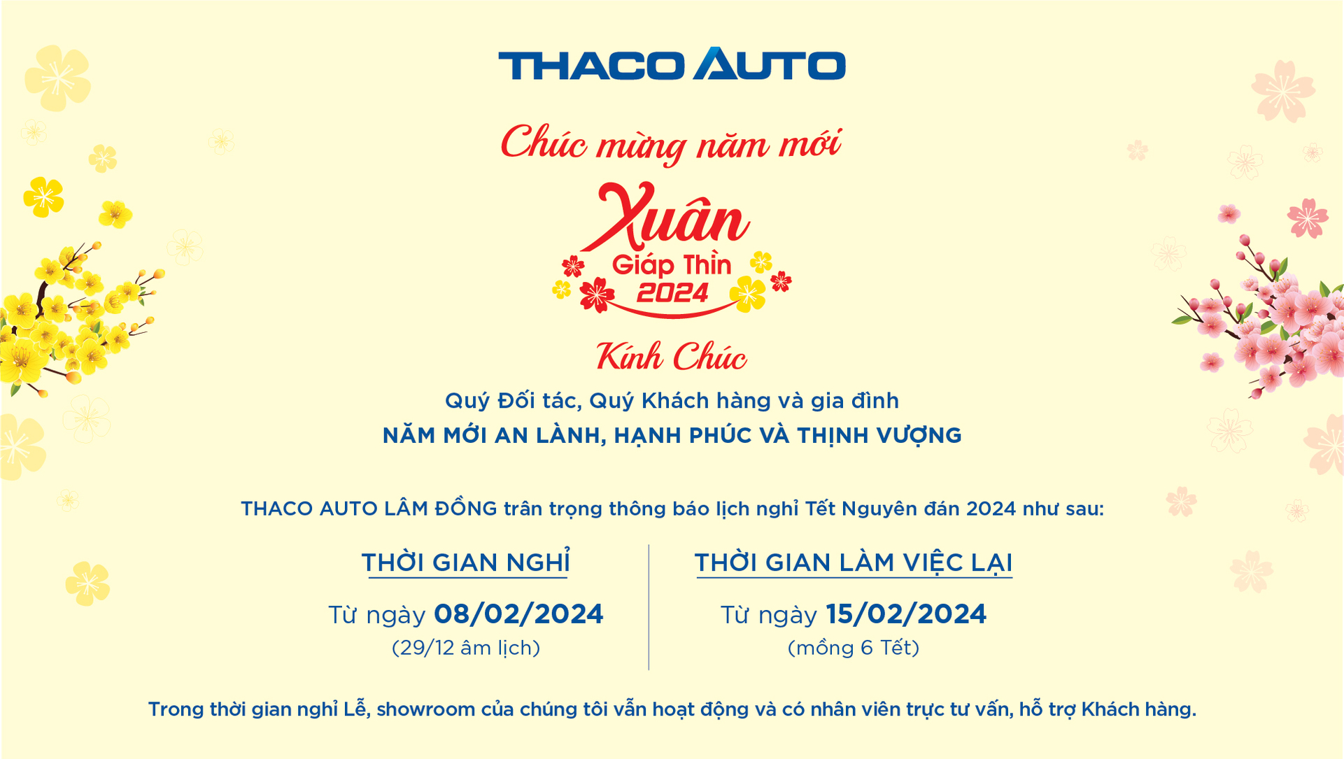 THACO AUTO LÂM ĐỒNG THÔNG BÁO LỊCH NGHỈ TẾT NGUYÊN ĐÁN 2024