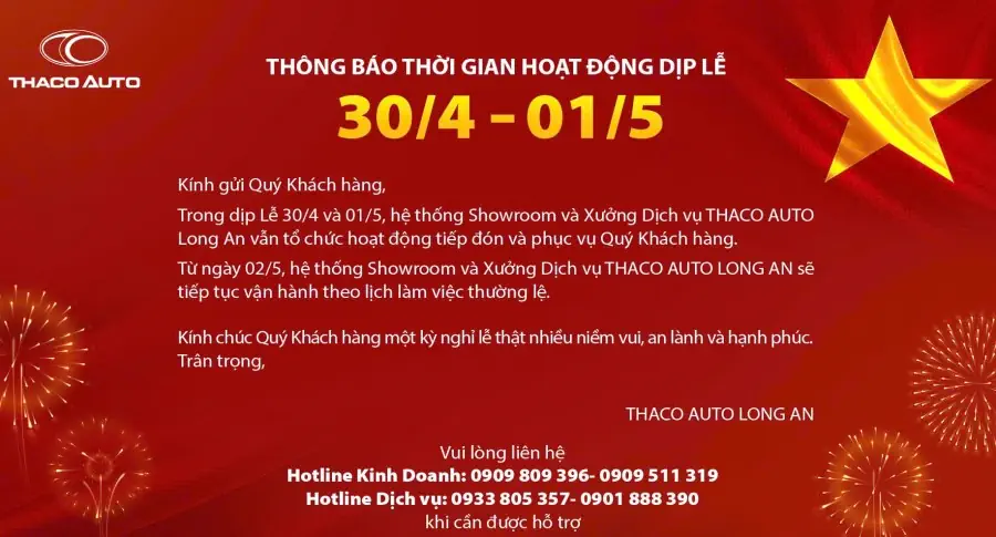 THÔNG BÁO THỜI GIAN HOẠT ĐỘNG DỊP LỄ 30/4 - 01/5