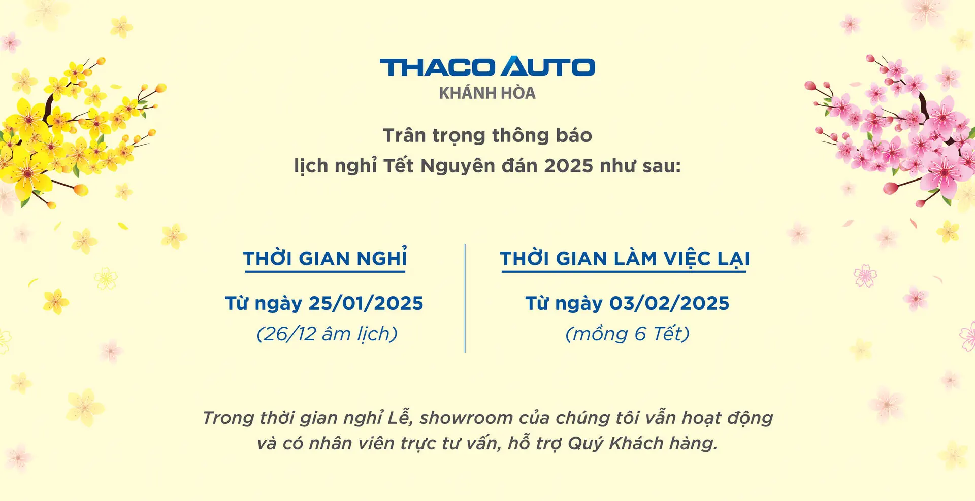 Thông báo lịch nghỉ tết nguyên đán của THACO AUTO Khánh Hòa