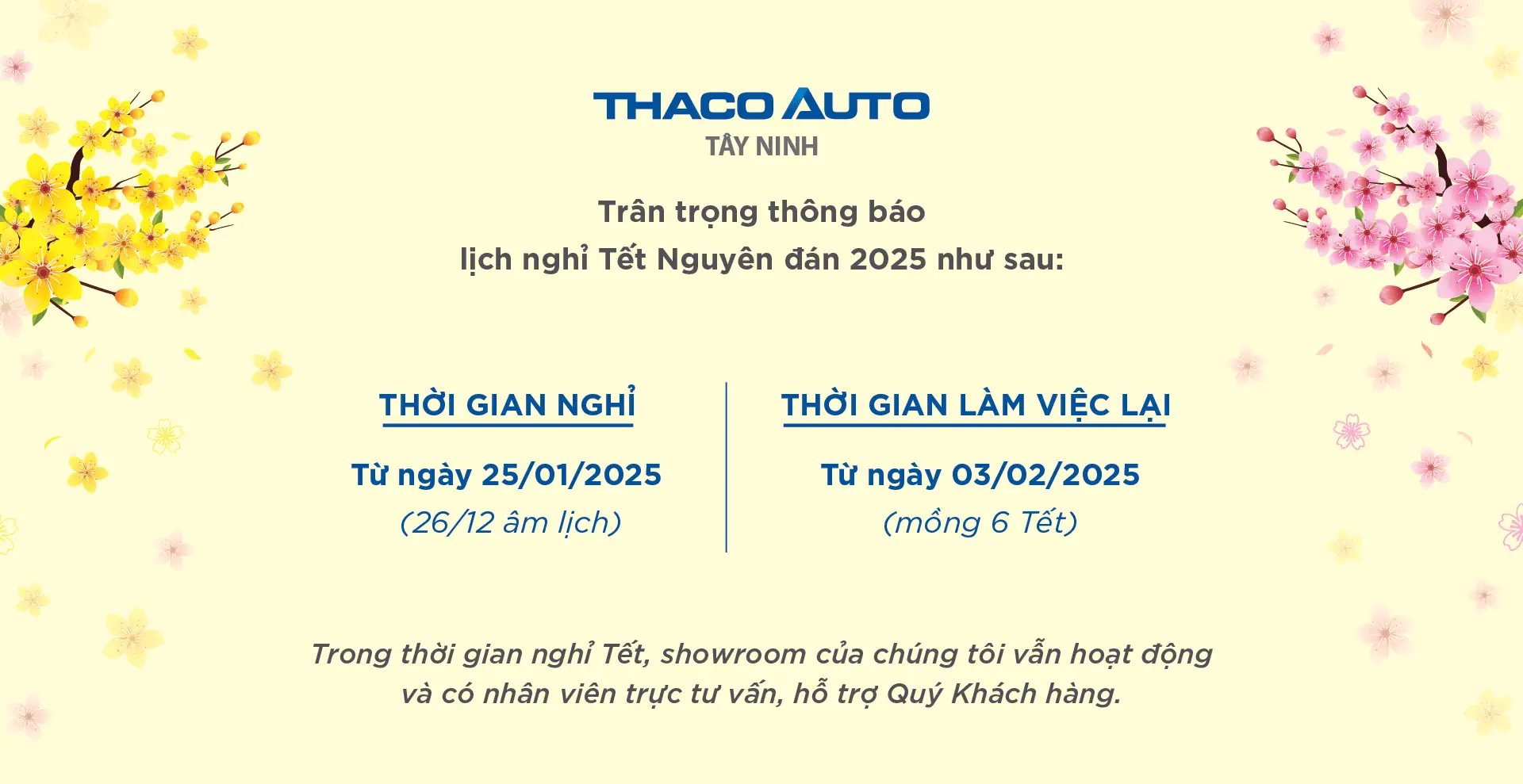 THÔNG BÁO LỊCH LÀM VIỆC TẠI THACO AUTO TÂY NINH DỊP XUÂN ẤT TỴ 2025