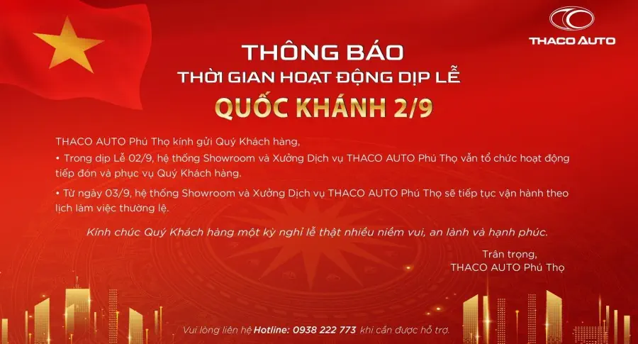THÔNG BÁO THỜI GIAN HOẠT ĐỘNG DỊP LỄ QUỐC KHÁNH 2/9