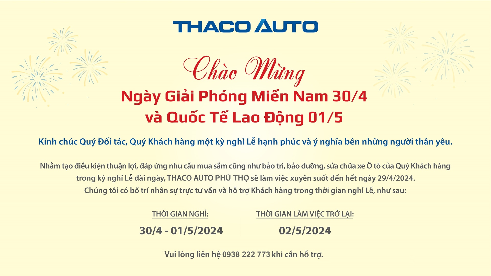 THACO AUTO PHÚ THỌ CHÀO MỪNG NGÀY GIẢI PHÓNG MIỀN NAM 30/04 VÀ QUỐC TẾ LAO ĐỘNG 01/05!