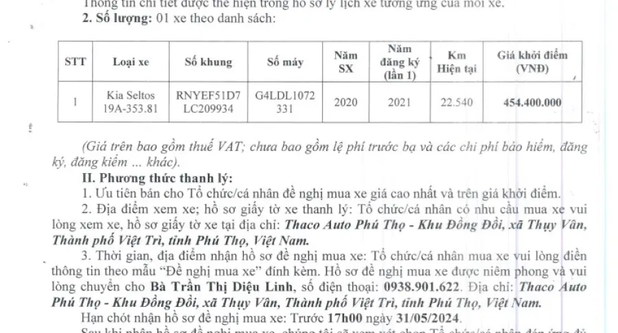 CÔNG TY TNHH MTV Ô TÔ TRƯỜNG HẢI PHÚ THỌ THÔNG BÁO THANH LÝ XE DEMO KIA SELTOS ĐÃ QUA SỬ DỤNG