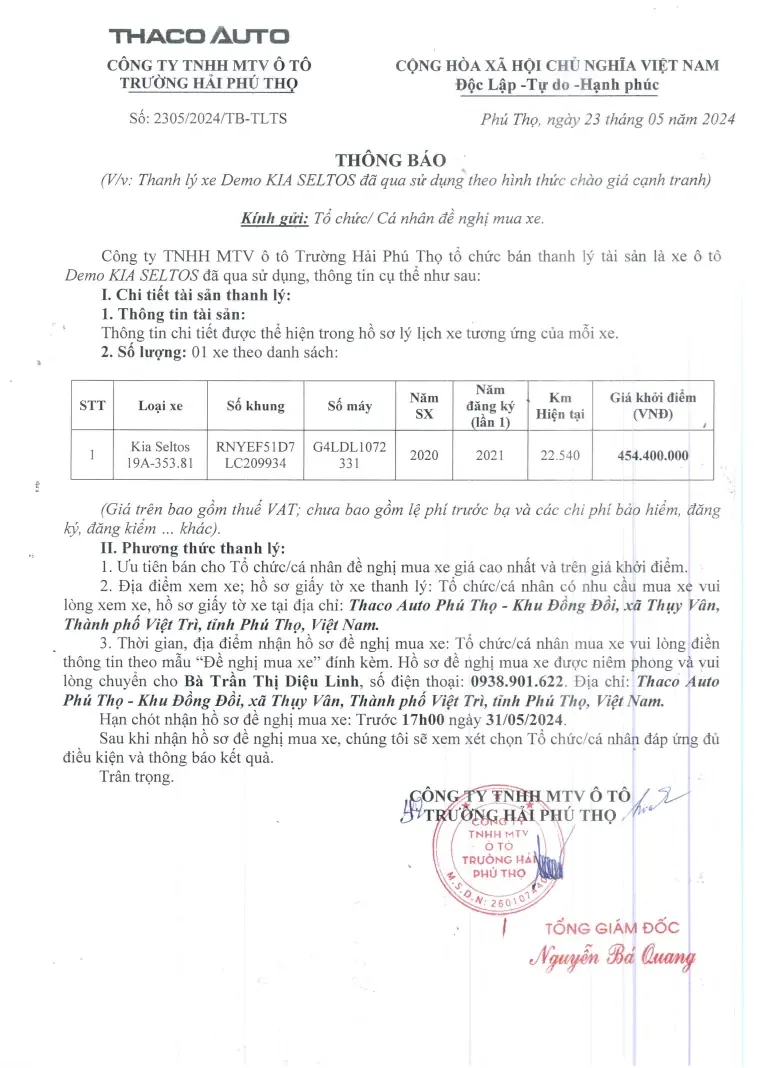 CÔNG TY TNHH MTV Ô TÔ TRƯỜNG HẢI PHÚ THỌ THÔNG BÁO THANH LÝ XE DEMO KIA SELTOS ĐÃ QUA SỬ DỤNG