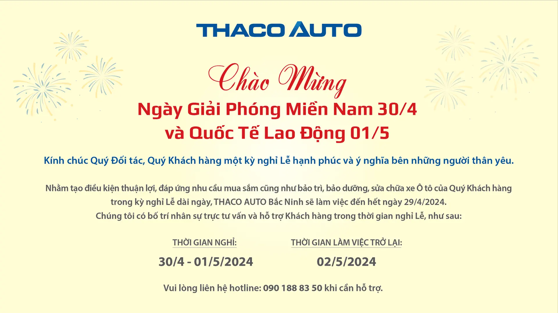 THÔNG BÁO LỊCH LÀM VIỆC 30/4 - 1/5