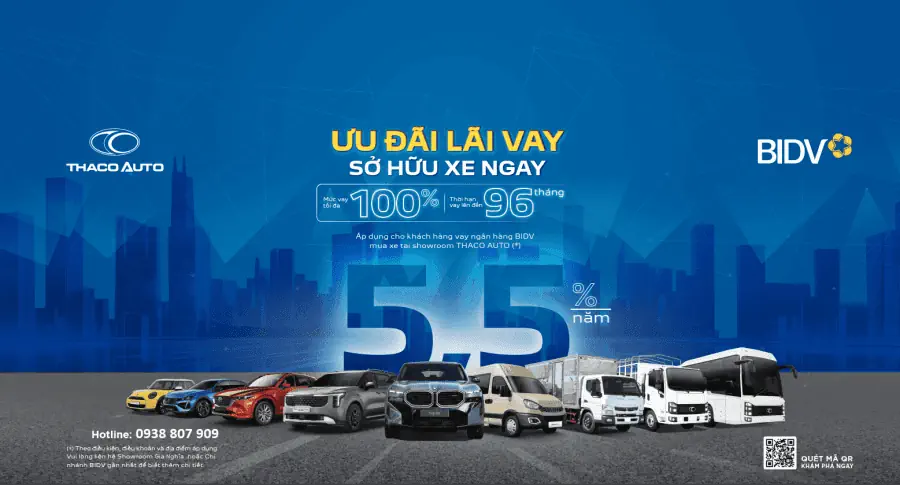 THACO AUTO hợp tác BIDV triển khai gói vay mua xe ưu đãi đến 100% giá trị xe, lãi suất chỉ từ 5,5%/năm