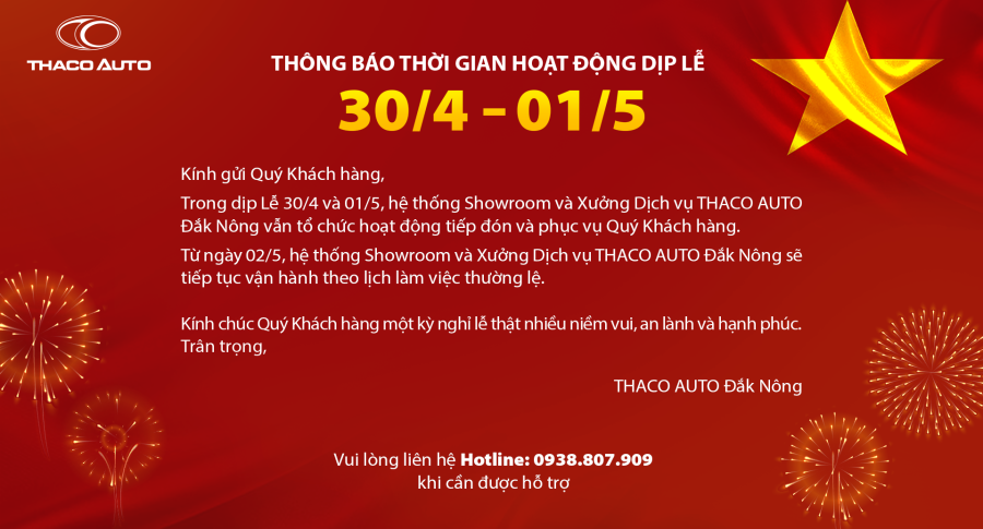 THÔNG BÁO THỜI GIAN HOẠT ĐỘNG DỊP LỄ  30/4 - 01/5