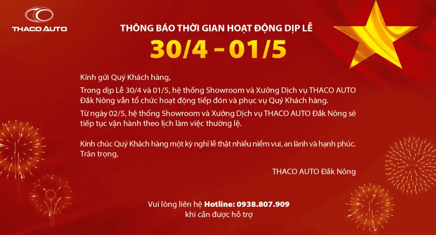 THÔNG BÁO THỜI GIAN HOẠT ĐỘNG DỊP LỄ  30/4 - 01/5