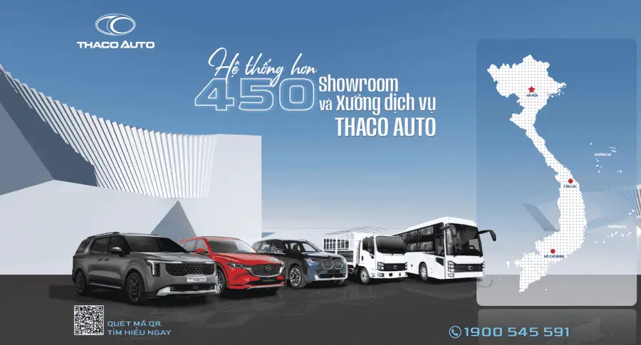 Hệ thống hơn 450 showroom và xưởng dịch vụ THACO AUTO trên toàn quốc, đáp ứng mọi nhu cầu của khách hàng