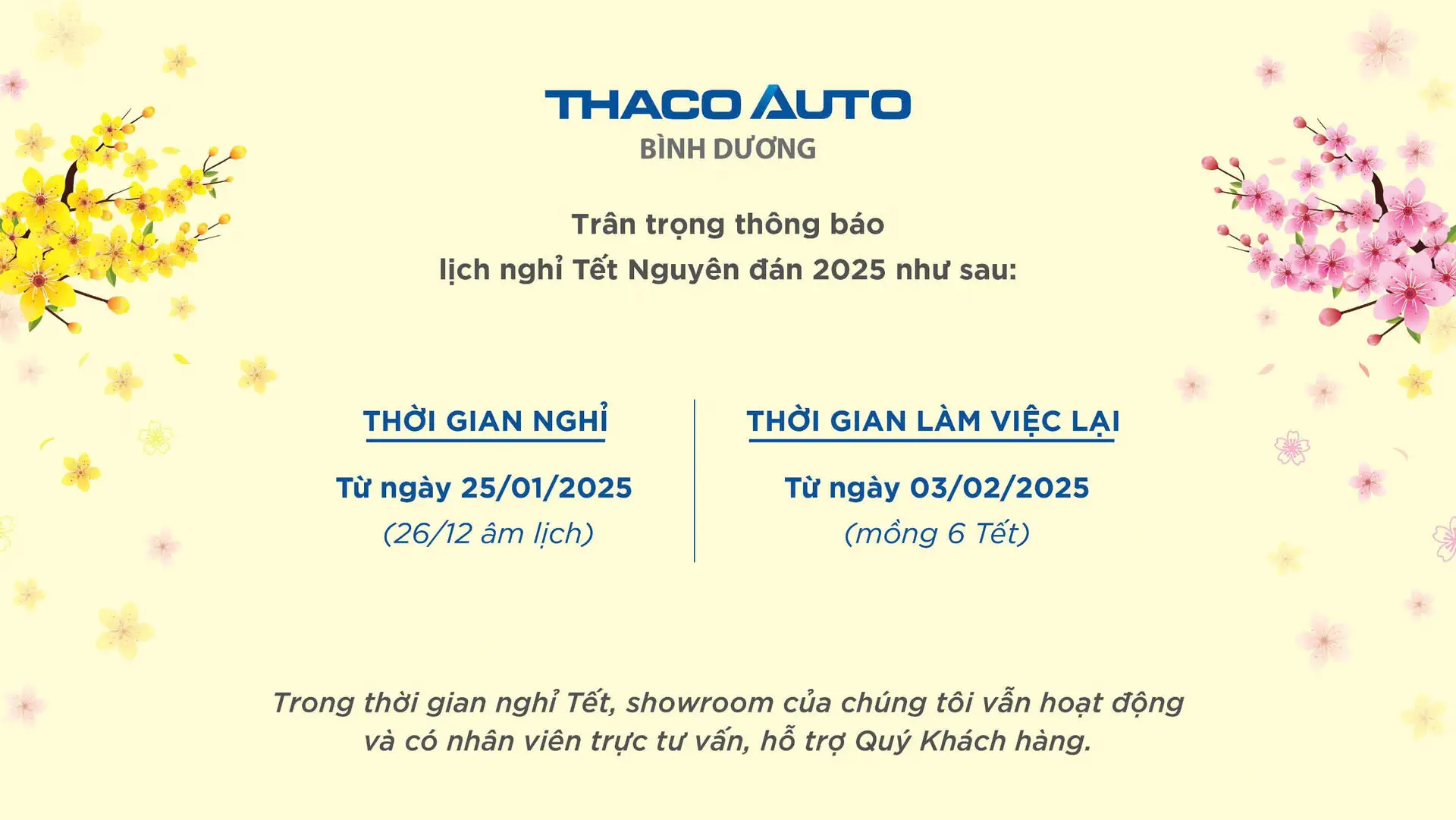 THACO AUTO Bình Dương trân trọng thông báo lịch nghỉ Tết Nguyên đán 2025