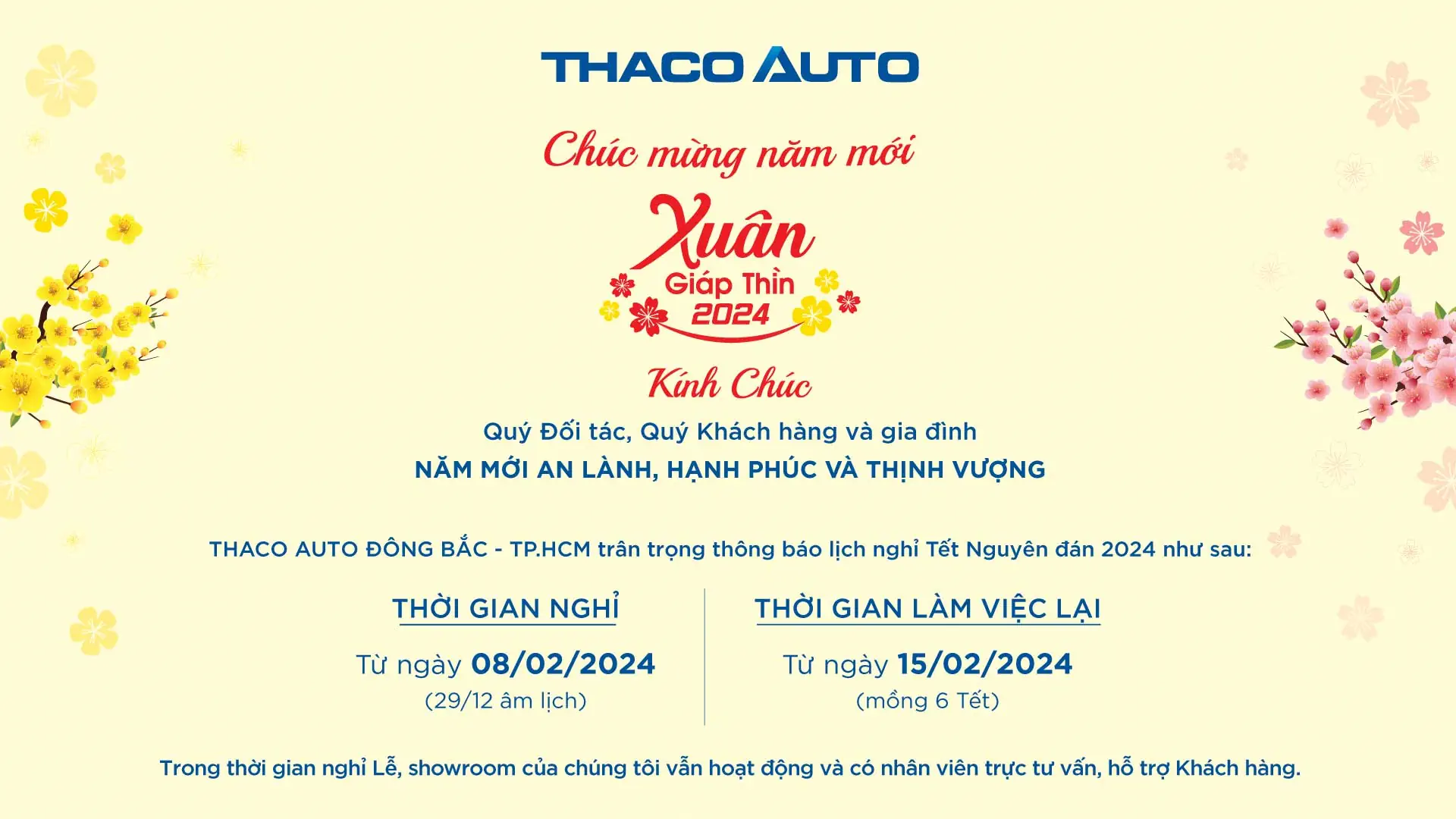 THACO AUTO ĐÔNG BẮC - TP.HCM THÔNG BÁO LỊCH NGHỈ TẾT NGUYÊN ĐÁN 2024
