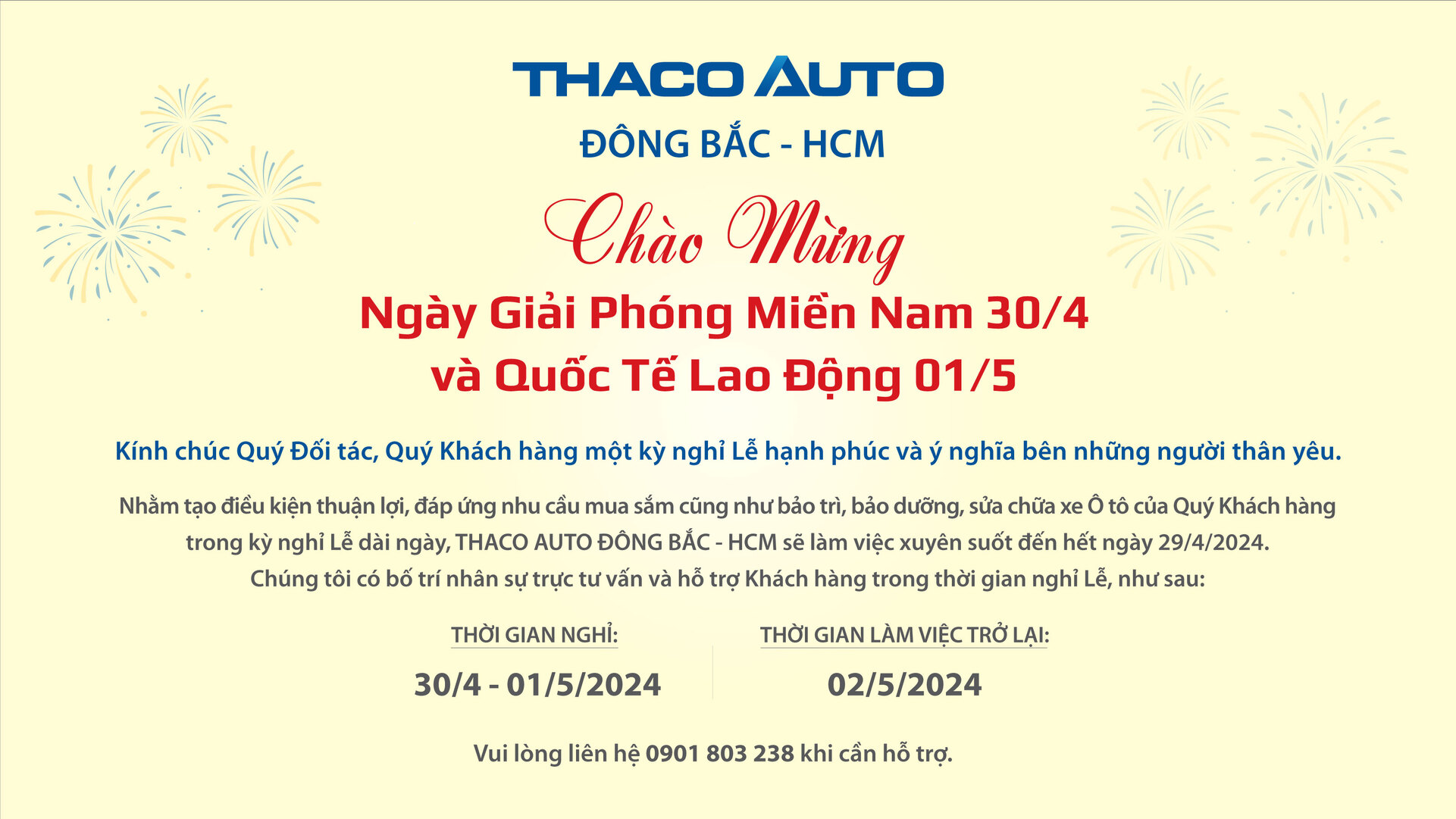 THACO AUTO ĐÔNG BẮC - HCM THÔNG BÁO LỊCH HOẠT ĐỘNG TRONG DỊP LỄ 30/04 - 01/05