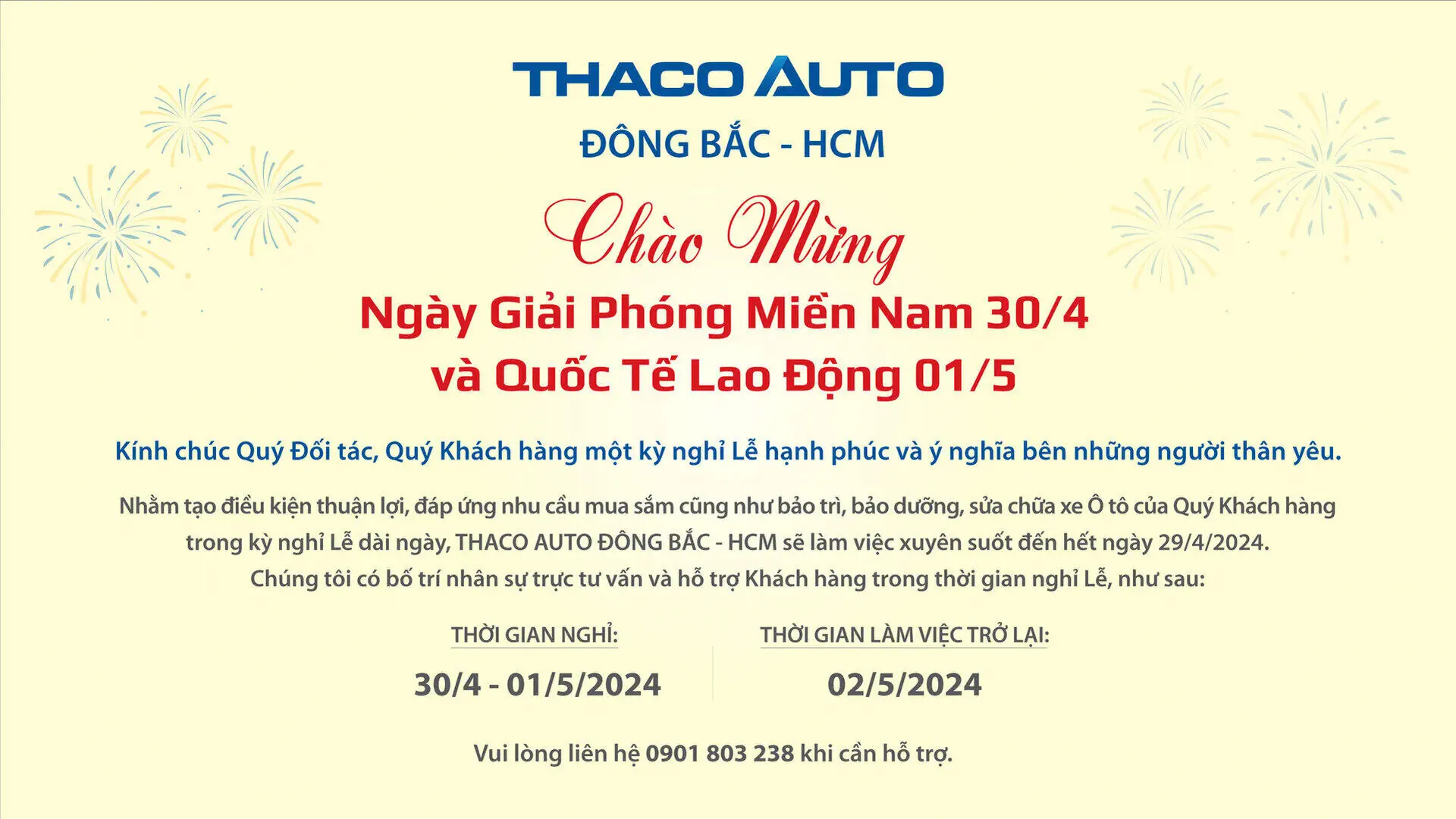 THACO AUTO ĐÔNG BẮC - HCM THÔNG BÁO LỊCH HOẠT ĐỘNG TRONG DỊP LỄ 30/04 - 01/05