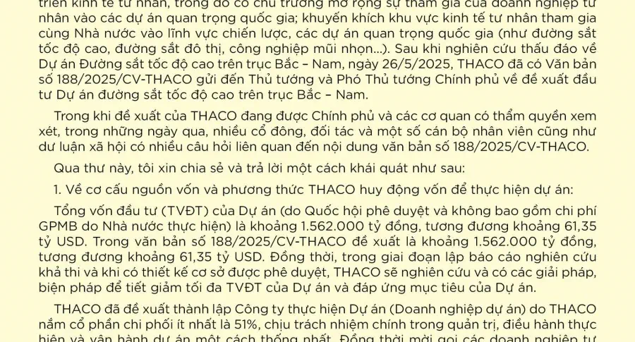 Thư của Chủ tịch HĐQT THACO Trần Bá Dương về việc THACO đề xuất đầu tư Dự án Đường sắt tốc độ cao Bắc – Nam