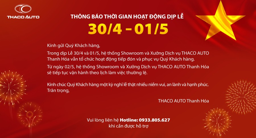 THÔNG BÁO THỜI GIAN HOẠT ĐỘNG DỊP LỄ 30/4 - 1/5