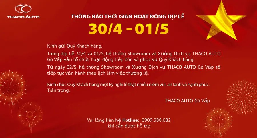 THÔNG BÁO THỜI GIAN HOẠT ĐỘNG DỊP LỄ 30.4 - 1.5