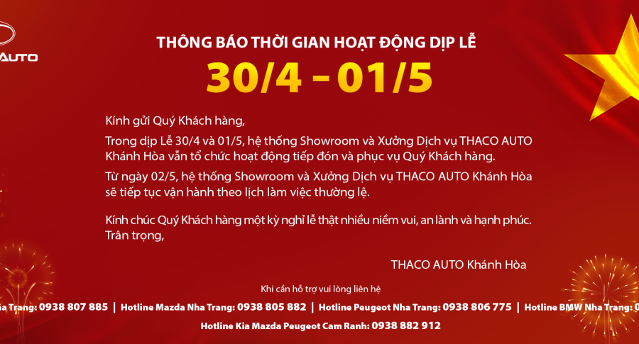 THACO AUTO KHÁNH HÒA - THÔNG BÁO THỜI GIAN HOẠT ĐỘNG DỊP LỄ 30/4 - 01/5