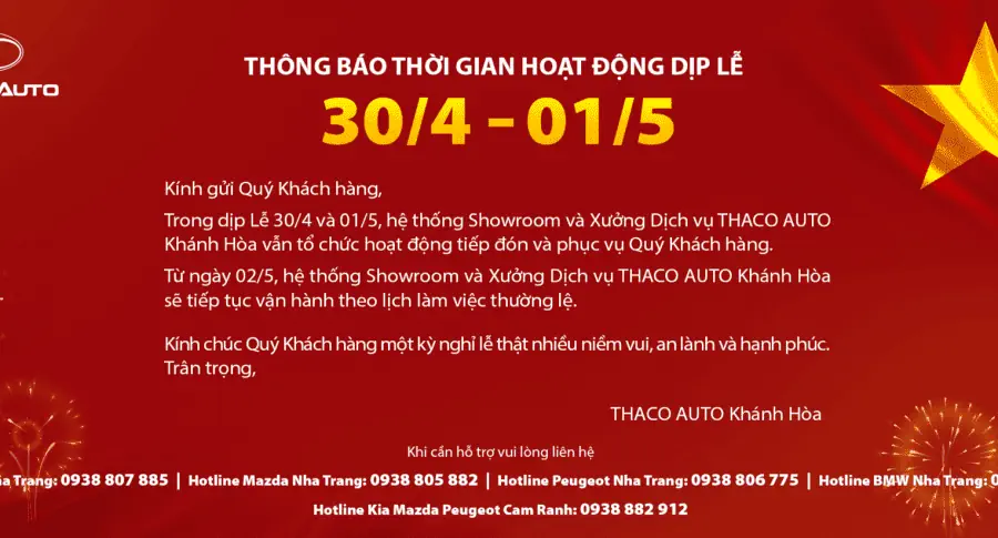 THACO AUTO KHÁNH HÒA - THÔNG BÁO THỜI GIAN HOẠT ĐỘNG DỊP LỄ 30/4 - 01/5
