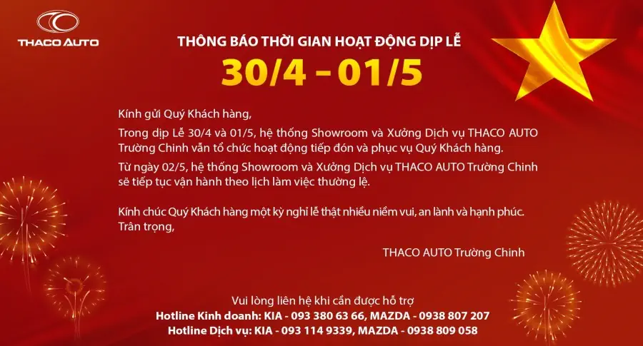 THÔNG BÁO THỜI GIAN HOẠT ĐỘNG DỊP LỄ 30/4 – 01/5