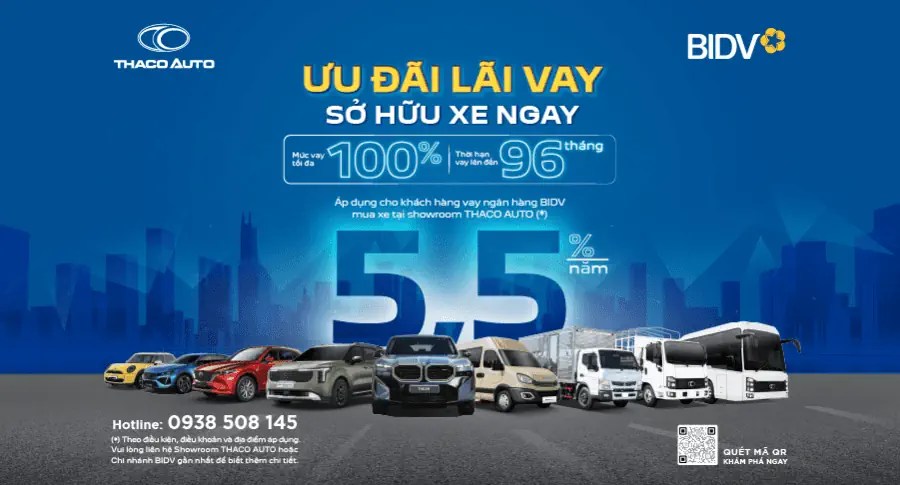 THACO AUTO hợp tác BIDV triển khai gói vay mua xe ưu đãi đến 100% giá trị xe, lãi suất chỉ từ 5,5%/năm