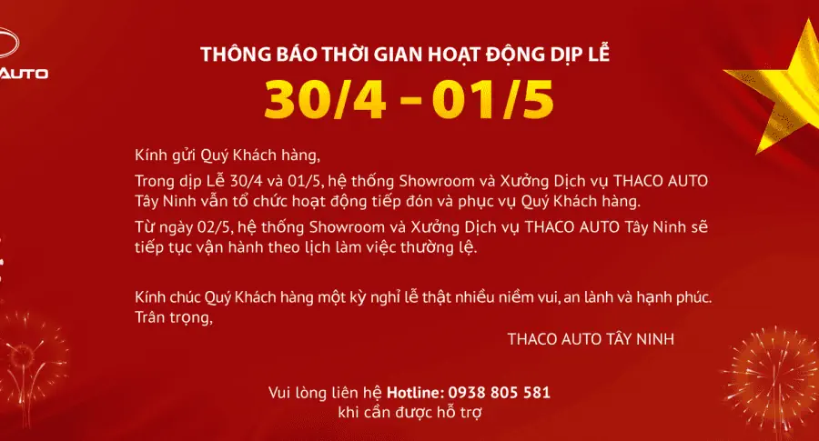 THÔNG BÁO THỜI GIAN HOẠT ĐỘNG DỊP LỄ 30/4 - 01/5