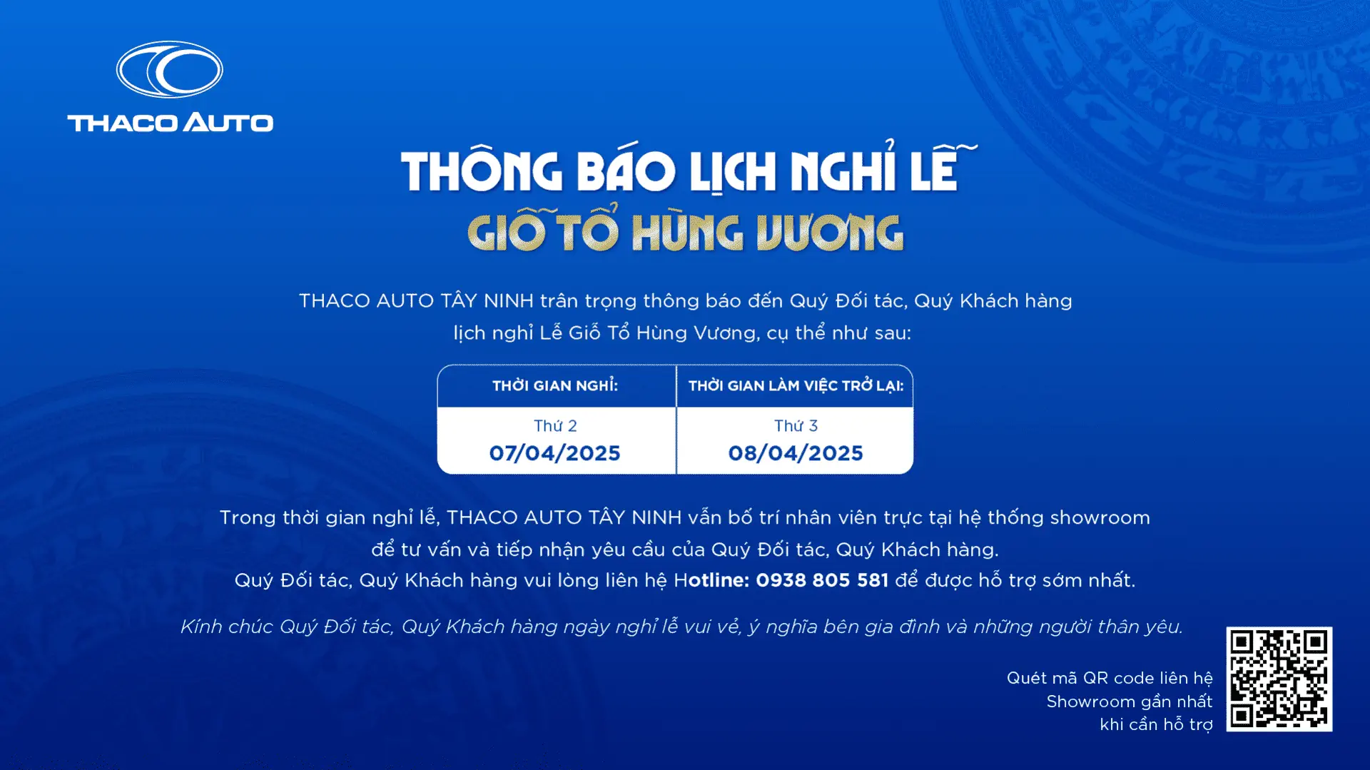 THACO AUTO TÂY NINH xin trân trọng thông báo đến Quý khách hàng/Đối tác lịch làm việc dịp Giỗ Tổ Hùng Vương năm 2025